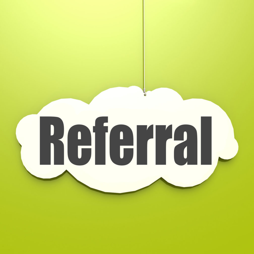 Referral word on white cloud with green background, 3D rendering